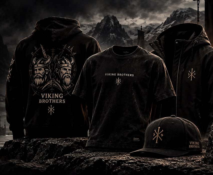 Die erste Viking Brothers Kollektion: schwarzer Hoodie mit Logo-Print, T-Shirt, Jacke und Cap auf Felsen vor Fjordkulisse.