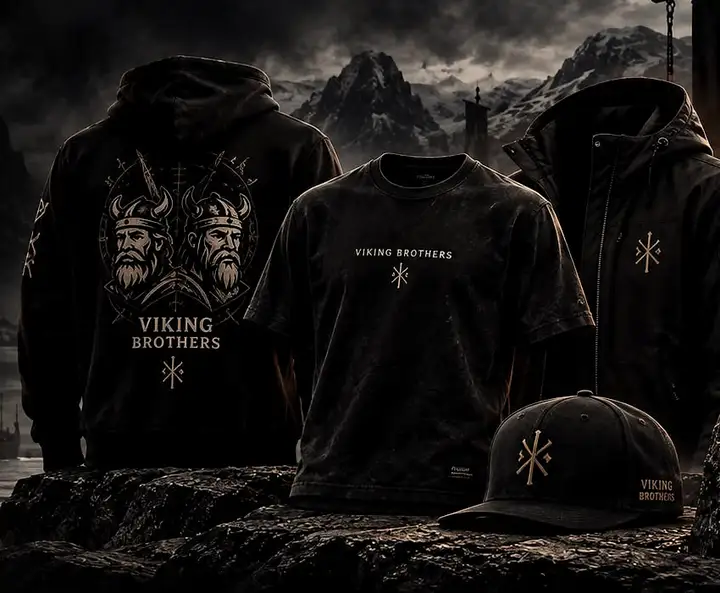 Die erste Viking Brothers Kollektion: schwarzer Hoodie mit Logo-Print, T-Shirt, Jacke und Cap auf Felsen vor Fjordkulisse.