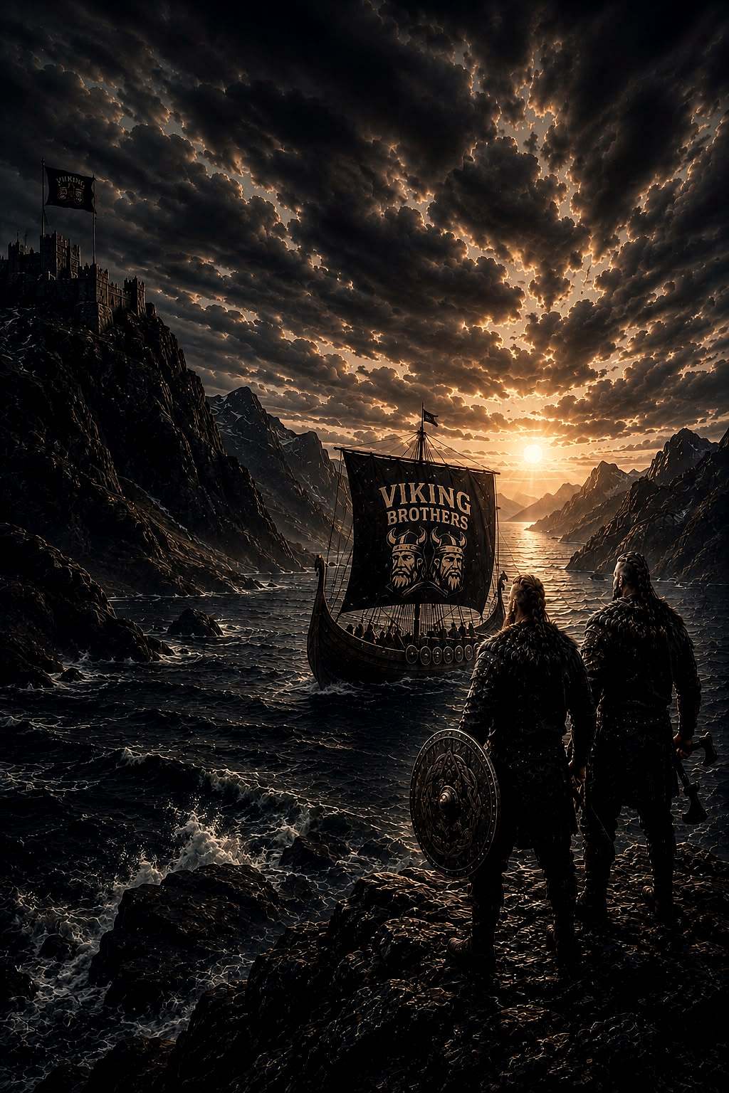 Zwei Wikinger mit Schild und Axt stehen am Ufer eines Fjords und blicken auf ein Langschiff mit dem Viking-Brothers-Segel, links eine Burg auf der Klippe.
